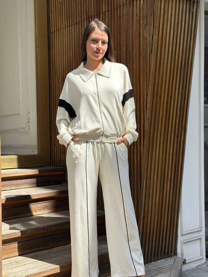 Reel Triko - Wholesale Women's Tracksuit Set Striped Ecru - 18022 | REEL TRİKO 1993